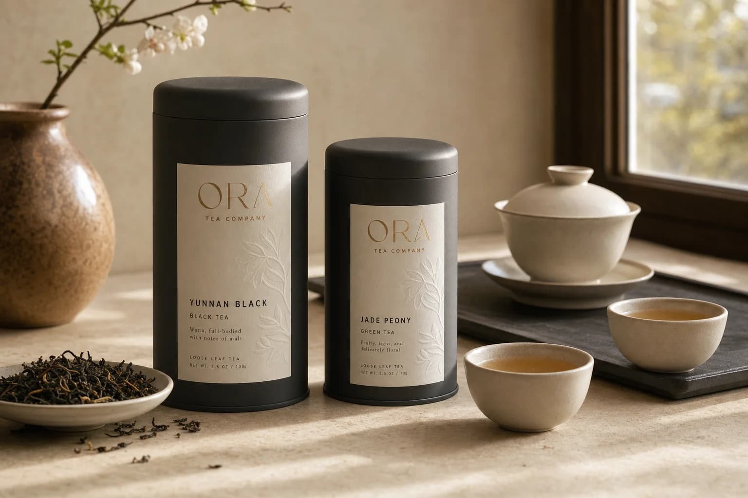 ORA tea canisters and cups arranged in a luxury still life