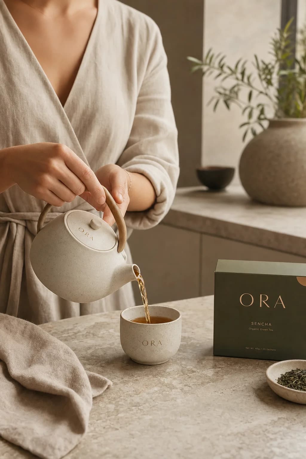 A quiet ORA tea ritual in a warm minimal interior